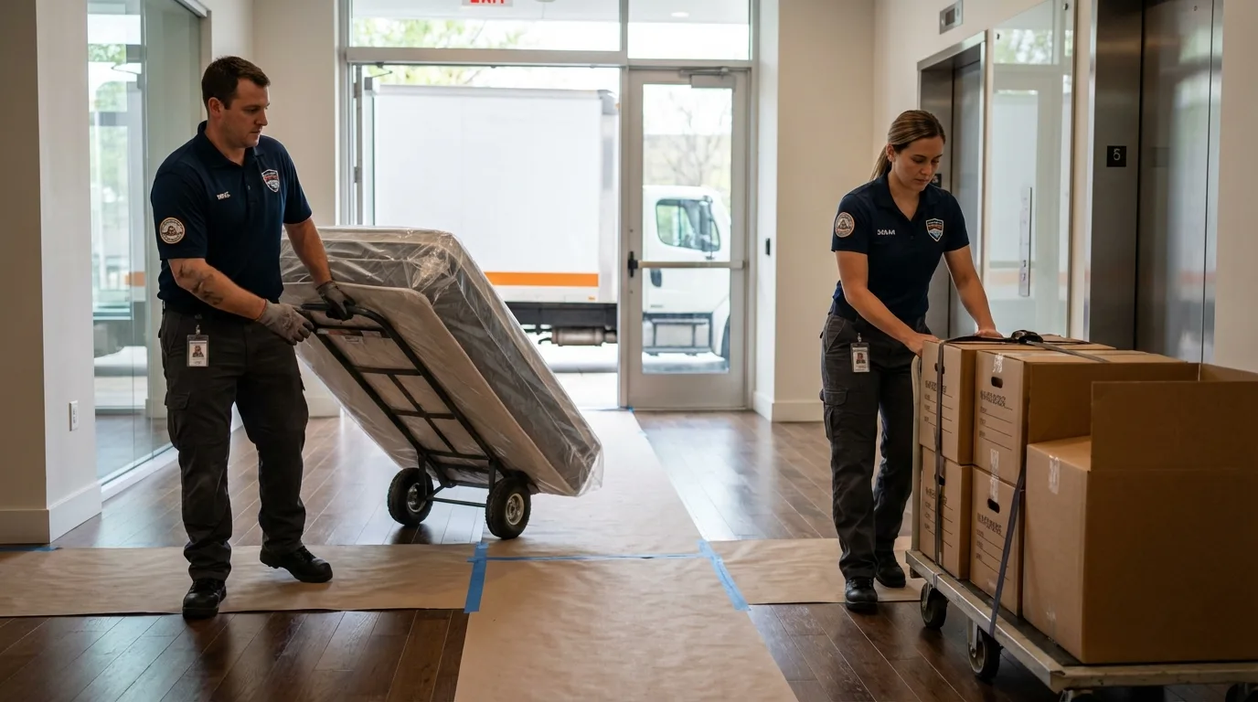 Professional apartment movers loading elevator in Wanaque, NJ